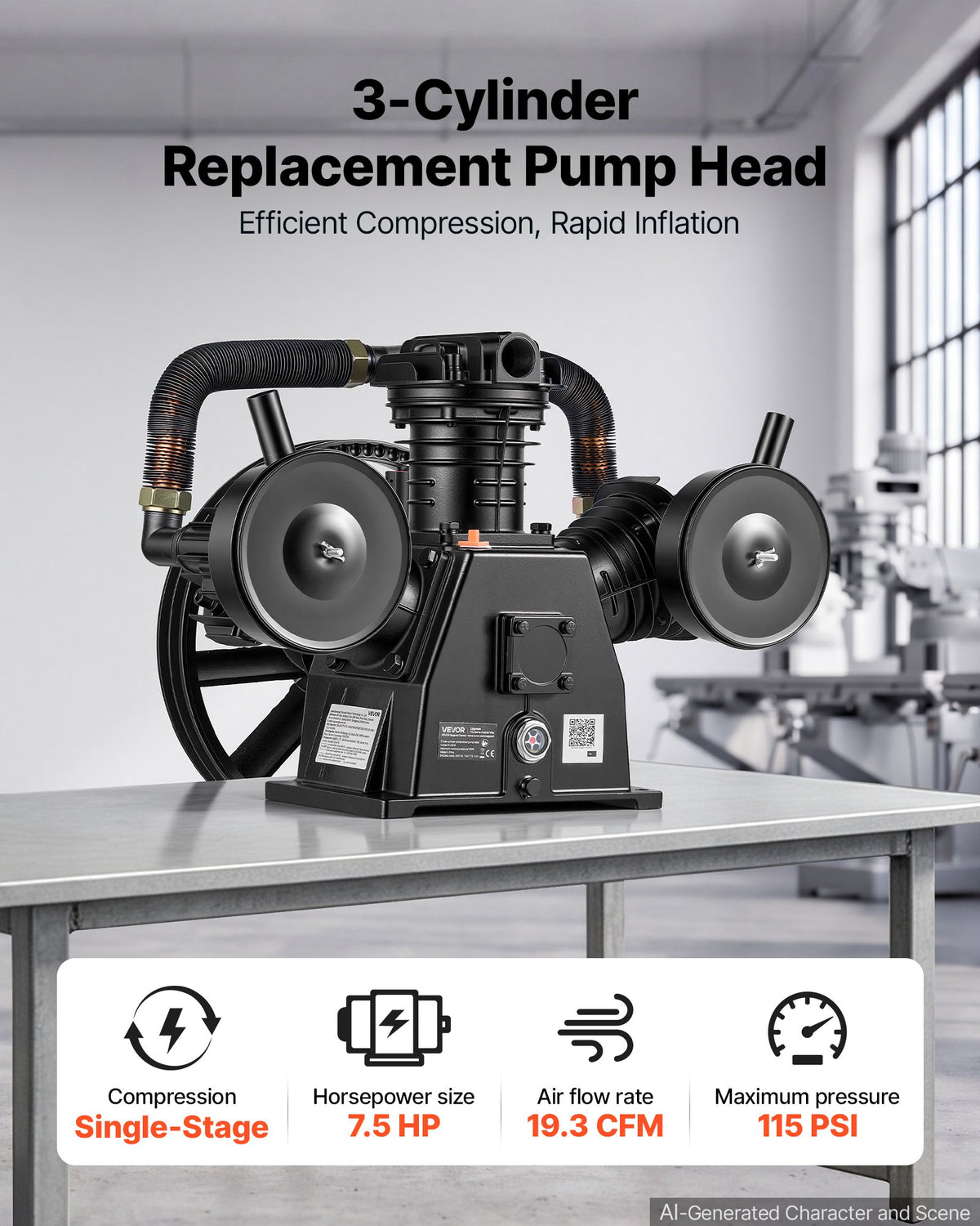 VEVOR Air Compressor Pump Head, 5.6 kW 547 L/min, 3-Cylinder Oil-Lubricated Air Compressor Pump Head, Single-Stage Cast Iron Replacement Head with Max 8 Bar Pressure for Woodworking Auto Repair