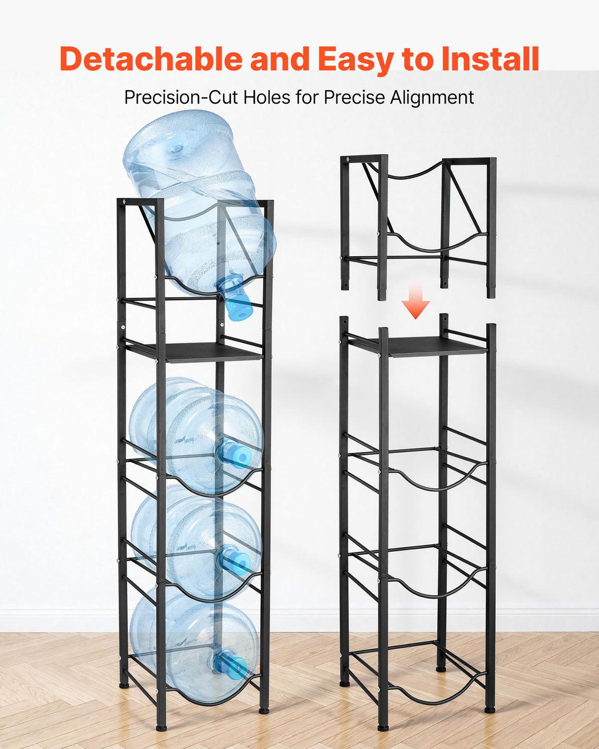 VEVOR Water Jug Holder, 5 Tiers 11 L and 19 L Water Bottle Holder for 4 Bottles, Heavy Duty Jug Rack Organizer with Storage Shelf, Adjustable Feet, and Handle, for Kitchen, Office, Living Room, Black