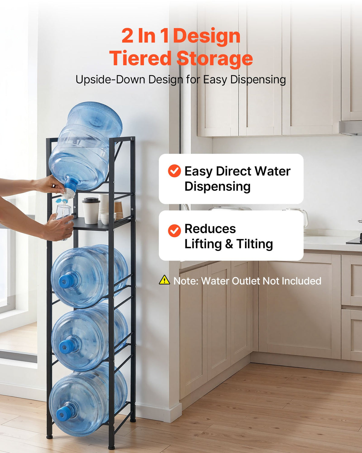 VEVOR Water Jug Holder, 5 Tiers 11 L and 19 L Water Bottle Holder for 4 Bottles, Heavy Duty Jug Rack Organizer with Storage Shelf, Adjustable Feet, and Handle, for Kitchen, Office, Living Room, Black