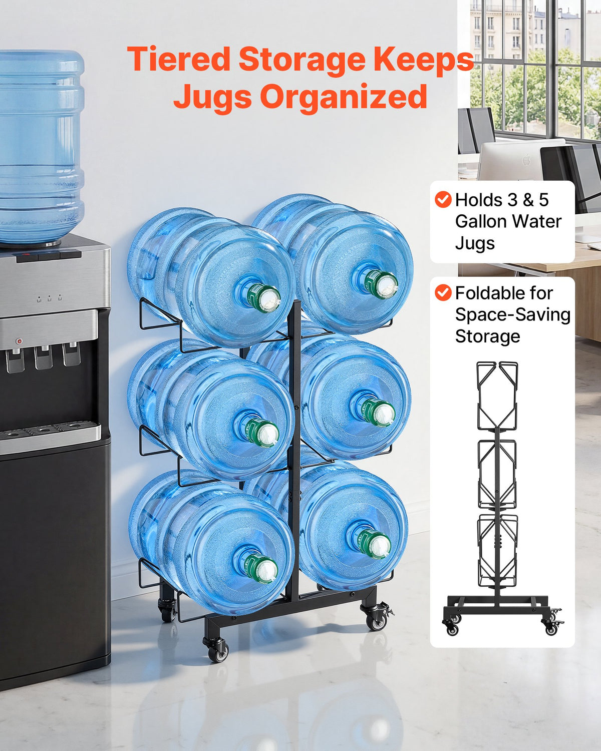 VEVOR Water Jug Holder, 3 Tiers Double Rows 11 L and 19 L Water Bottle Holder for 6 Bottles, Heavy Duty Jug Rack Organizer with Casters and Handles, Foldable for Kitchen, Office, Living Room, Black