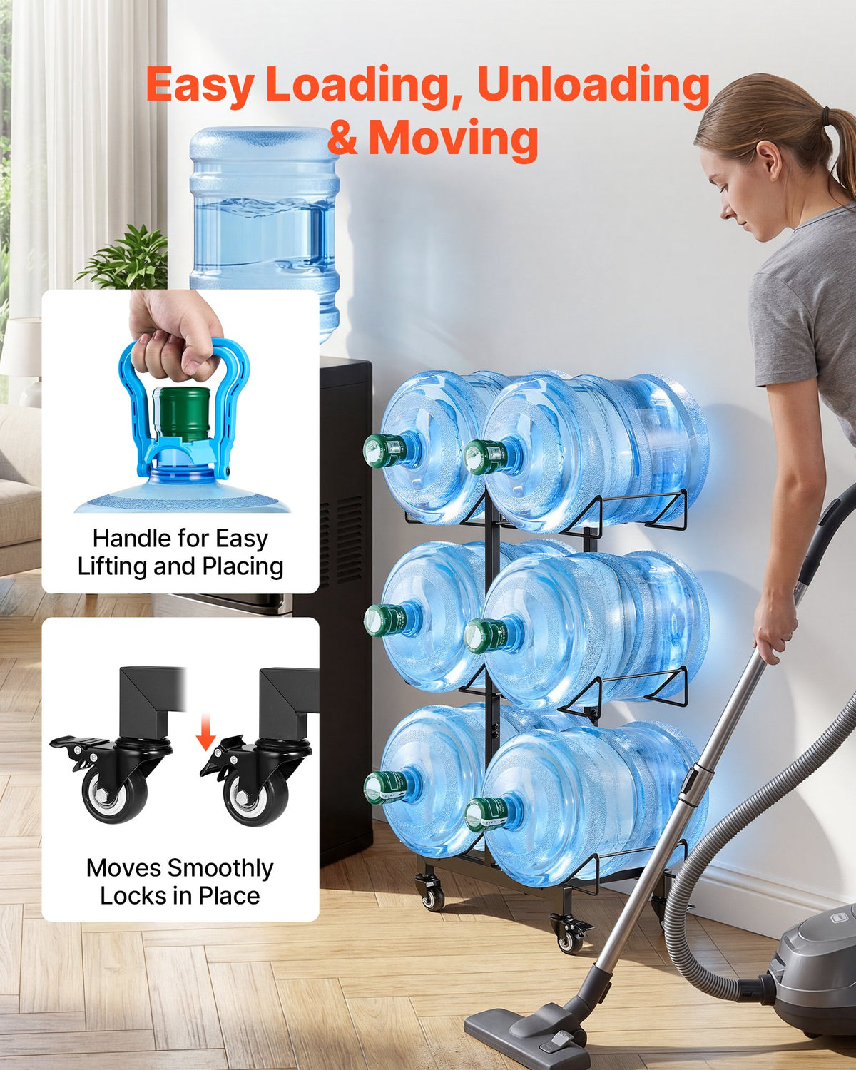 VEVOR Water Jug Holder, 3 Tiers Double Rows 11 L and 19 L Water Bottle Holder for 6 Bottles, Heavy Duty Jug Rack Organizer with Casters and Handles, Foldable for Kitchen, Office, Living Room, Black