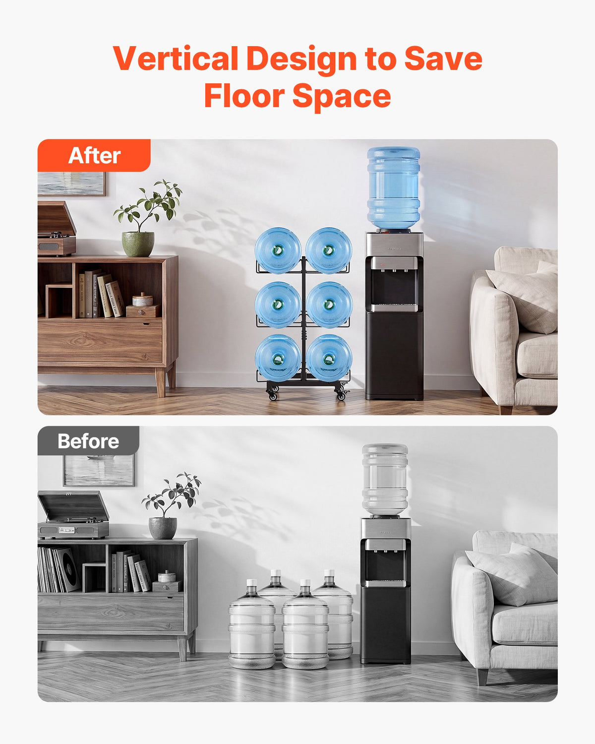 VEVOR Water Jug Holder, 3 Tiers Double Rows 11 L and 19 L Water Bottle Holder for 6 Bottles, Heavy Duty Jug Rack Organizer with Casters and Handles, Foldable for Kitchen, Office, Living Room, Black