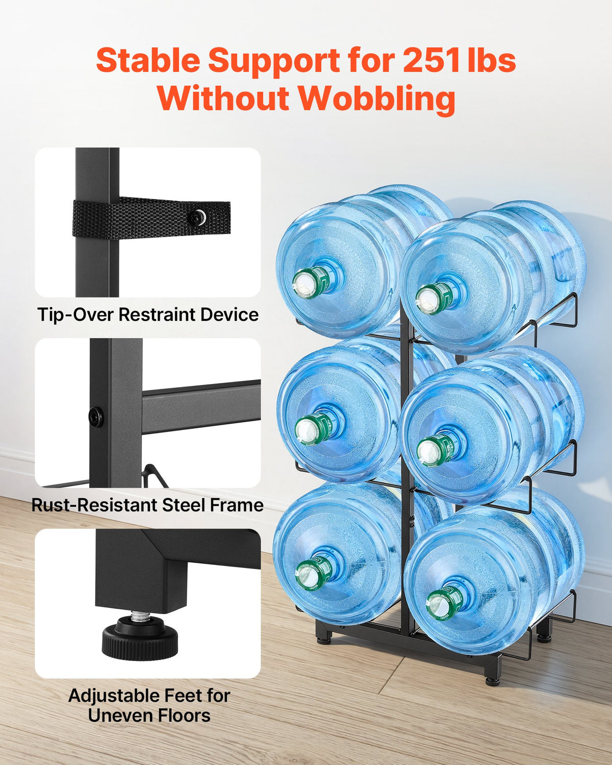 VEVOR Water Jug Holder, 3 Tiers Double Rows 11 L and 19 L Water Bottle Holder for 6 Bottles, Heavy Duty Jug Rack Organizer with Casters and Handles, Foldable for Kitchen, Office, Living Room, Black