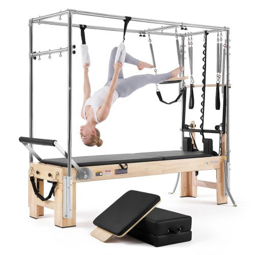 VEVOR Pilates Reformer with Cadillac Trapeze Table 2.4 m Pilates Machine, for Home Use and Gym Workout, 400 lbs, Rubberwood, with Tower, Jump Board, Springs, Sitting Box, for Advanced Beginners Users