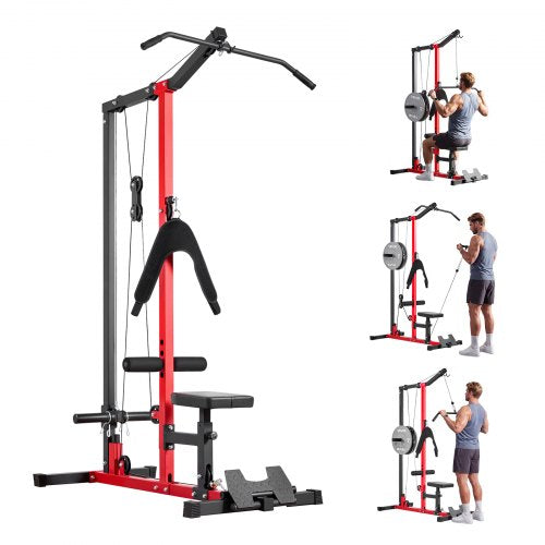 VEVOR LAT Pull Down Machine, 3-in-1 Row Cable Machine, Cable Machines Home Gym with 3-Level Adjustable Seat, 4-Level Adjustable Foam Roller, Load 181kg Lat Tower for Back, Chest, Tricep, Black
