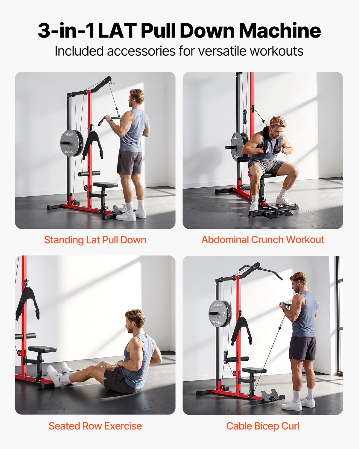 VEVOR LAT Pull Down Machine, 3-in-1 Row Cable Machine, Cable Machines Home Gym with 3-Level Adjustable Seat, 4-Level Adjustable Foam Roller, Load 181kg Lat Tower for Back, Chest, Tricep, Black