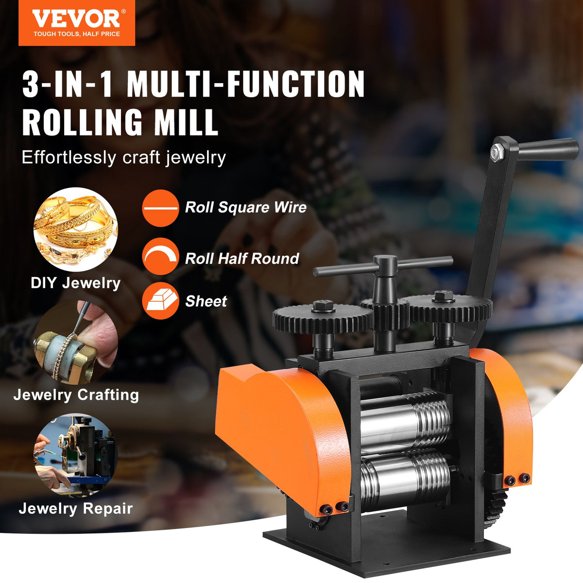 VEVOR Rolling Mill, 1.77"/45 mm Jewelry Rolling Mill Machine, 1: 2.4 Gear Ratio, 3-in-1 Multi-function Rolling Mill, 0-6 mm Press Thickness for Metal Jewelry Making Sheet Square Wire Semicircle
