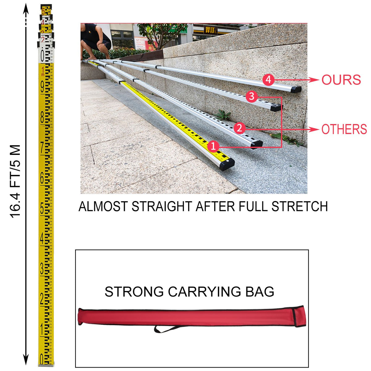 VEVOR 1.65M Aluminum Tripod + 5M 5 Section Dumpy Laser Level Staff for Rotary Laser Level