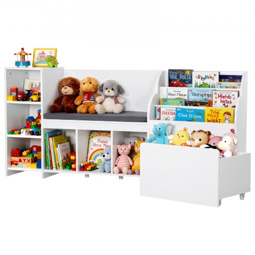 VEVOR Kids Reading Nook, Wooden Storage Bench with Backrest, Kids Bookshelf & Toy Organizer, Large Toy Box Chest for Playroom, Living Room or Entryway, Easy Assembly, 1700 x 400 x 800 mm, White