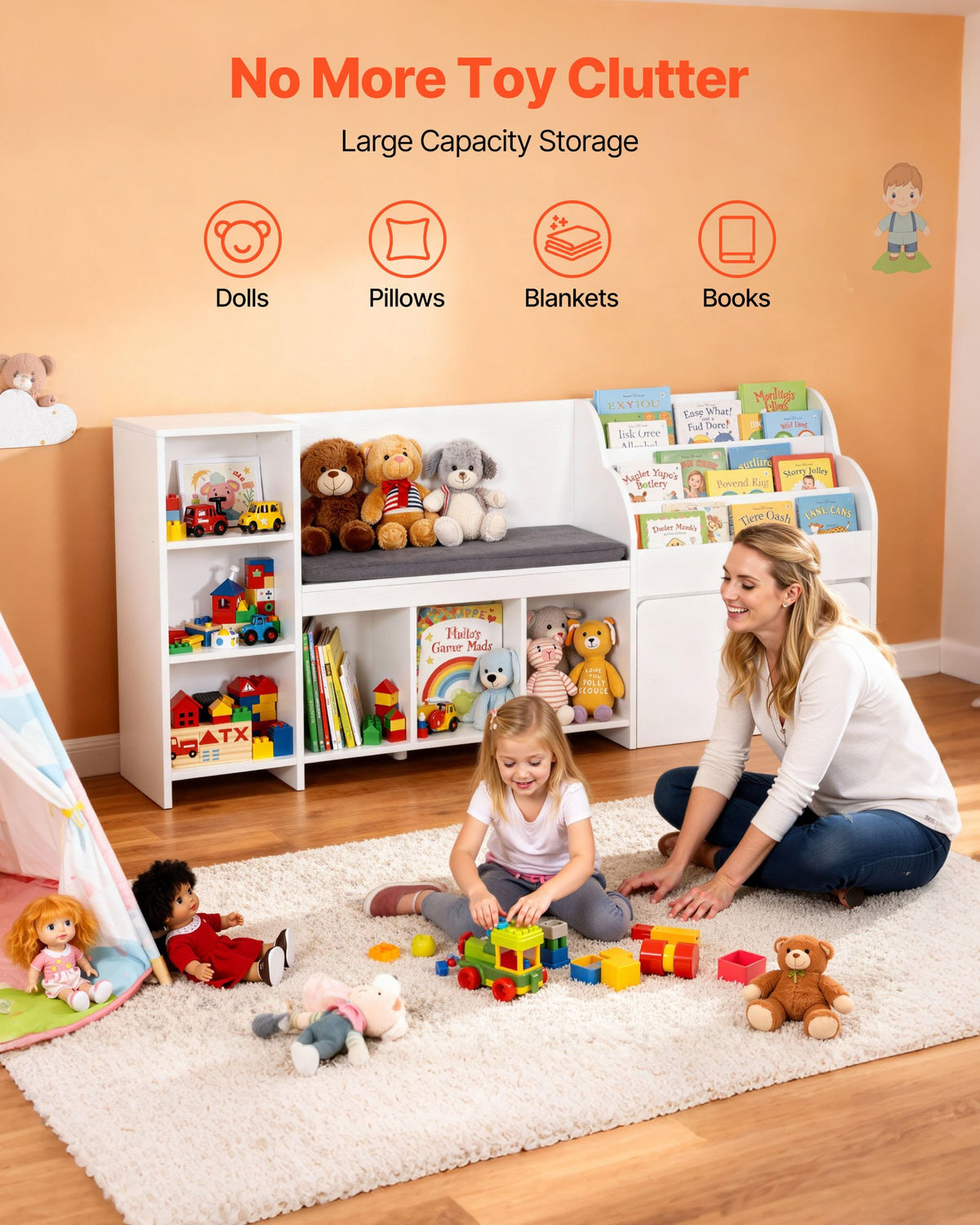 VEVOR Kids Reading Nook, Wooden Storage Bench with Backrest, Kids Bookshelf & Toy Organizer, Large Toy Box Chest for Playroom, Living Room or Entryway, Easy Assembly, 1700 x 400 x 800 mm, White