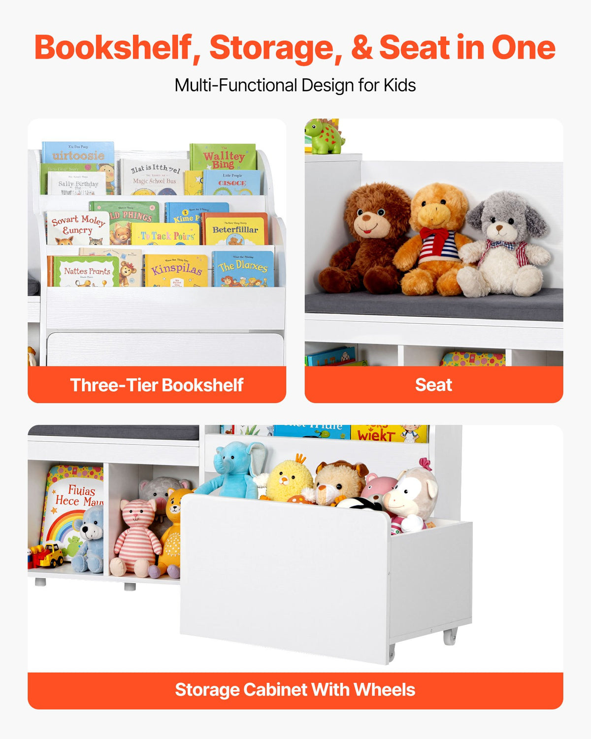 VEVOR Kids Reading Nook, Wooden Storage Bench with Backrest, Kids Bookshelf & Toy Organizer, Large Toy Box Chest for Playroom, Living Room or Entryway, Easy Assembly, 1700 x 400 x 800 mm, White