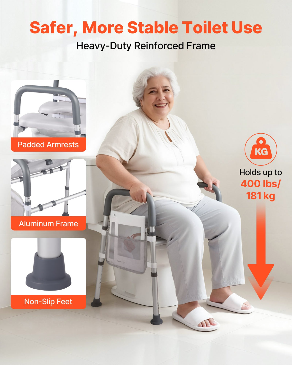 VEVOR Raised Toilet Seat with Arms, 181 kg Load Capacity, Adjustable Height and Width, Commode Cushion Padded Elevated Toilet Seat Riser with Handles for Seniors, Elderly, Handicap, Disabled, Adults