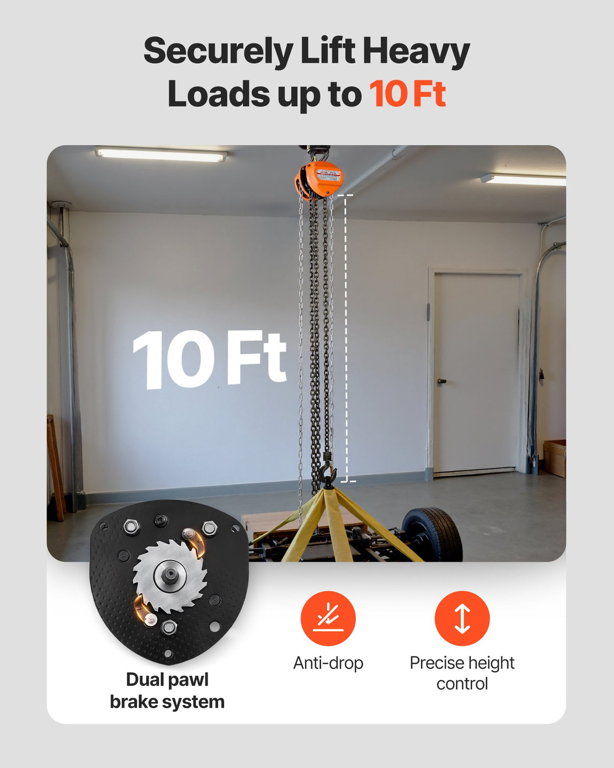 VEVOR Hand Chain Hoist, 1/2 Ton Capacity, Manual Chain Block with Upgrade G80 Galvanized Chain, 3 m Lifting Height, Heavy Duty Pulley Hoist for Garage Warehouse Automotive Machinery, Orange