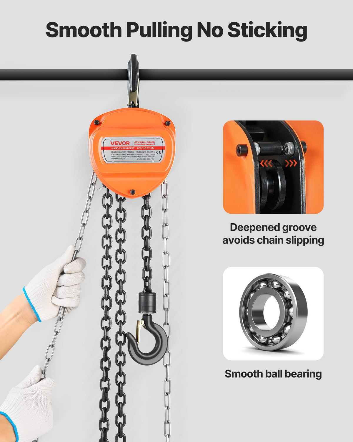 VEVOR Hand Chain Hoist, 1/2 Ton Capacity, Manual Chain Block with Upgrade G80 Galvanized Chain, 3 m Lifting Height, Heavy Duty Pulley Hoist for Garage Warehouse Automotive Machinery, Orange