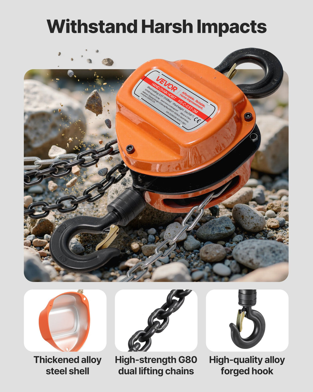 VEVOR Hand Chain Hoist, 1/2 Ton Capacity, Manual Chain Block with Upgrade G80 Galvanized Chain, 3 m Lifting Height, Heavy Duty Pulley Hoist for Garage Warehouse Automotive Machinery, Orange