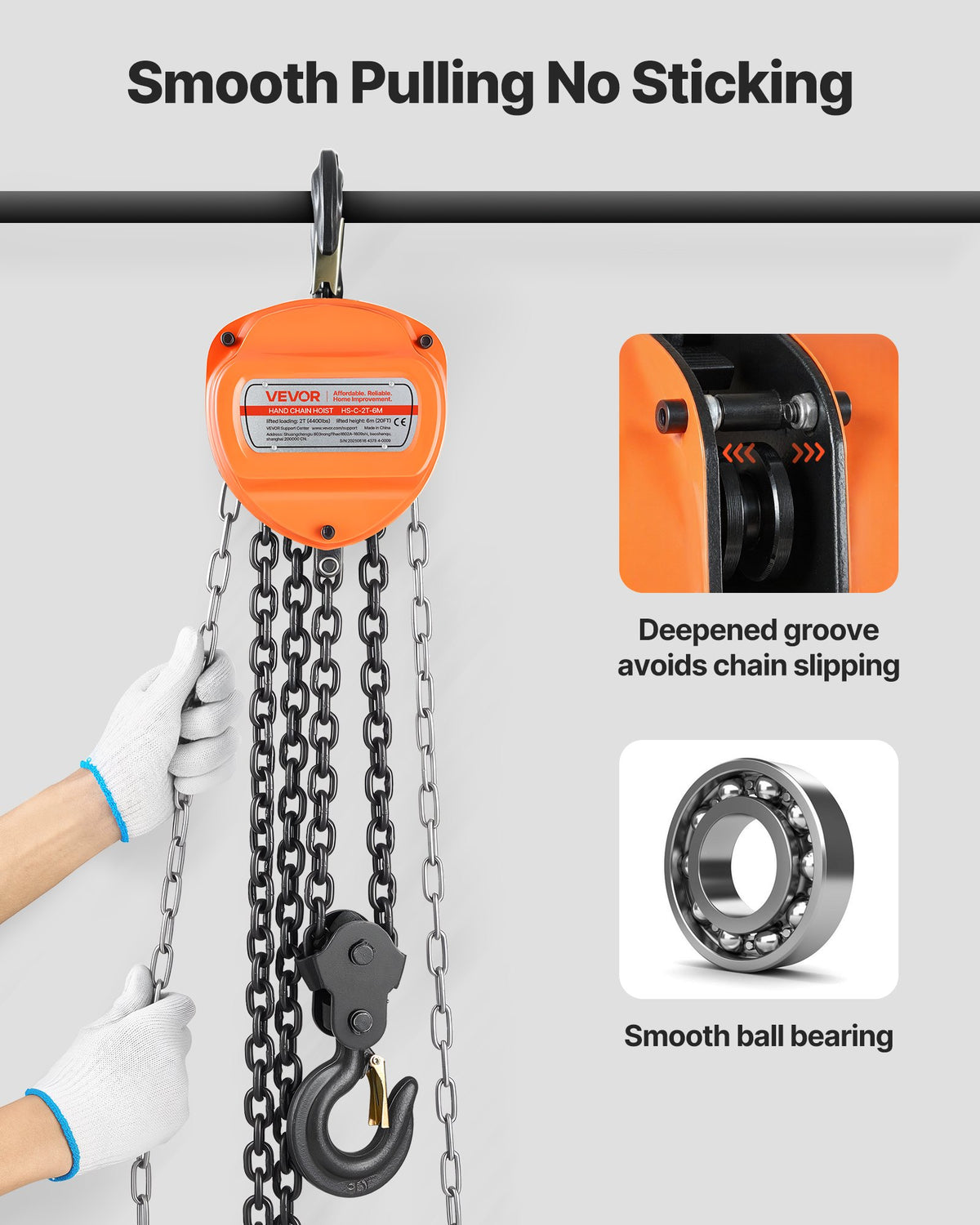 VEVOR Hand Chain Hoist, 2 Ton Capacity, Manual Chain Block with Upgrade G80 Galvanized Chain, 6 m Lifting Height, Heavy Duty Pulley Hoist for Garage Warehouse Automotive Machinery, Orange