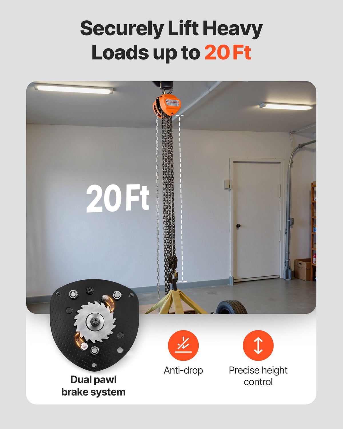 VEVOR Hand Chain Hoist, 3 Ton Capacity, Manual Chain Block with Upgrade G80 Galvanized Chain, 6 m Lifting Height, Heavy Duty Pulley Hoist for Garage Warehouse Automotive Machinery, Orange