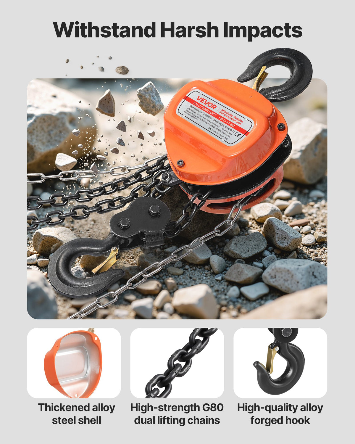 VEVOR Hand Chain Hoist, 3 Ton Capacity, Manual Chain Block with Upgrade G80 Galvanized Chain, 6 m Lifting Height, Heavy Duty Pulley Hoist for Garage Warehouse Automotive Machinery, Orange