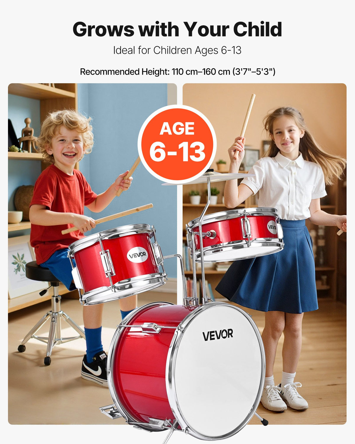 VEVOR Kids Drum Set, 3-Piece 14 in / 355.6 mm Junior Drum Sets, Beginner Drums Set with Adjustable Throne and Two Pairs of Drumsticks, Musical Learning Drums Instruments Kit, for Children Ages 6-13 (Red)