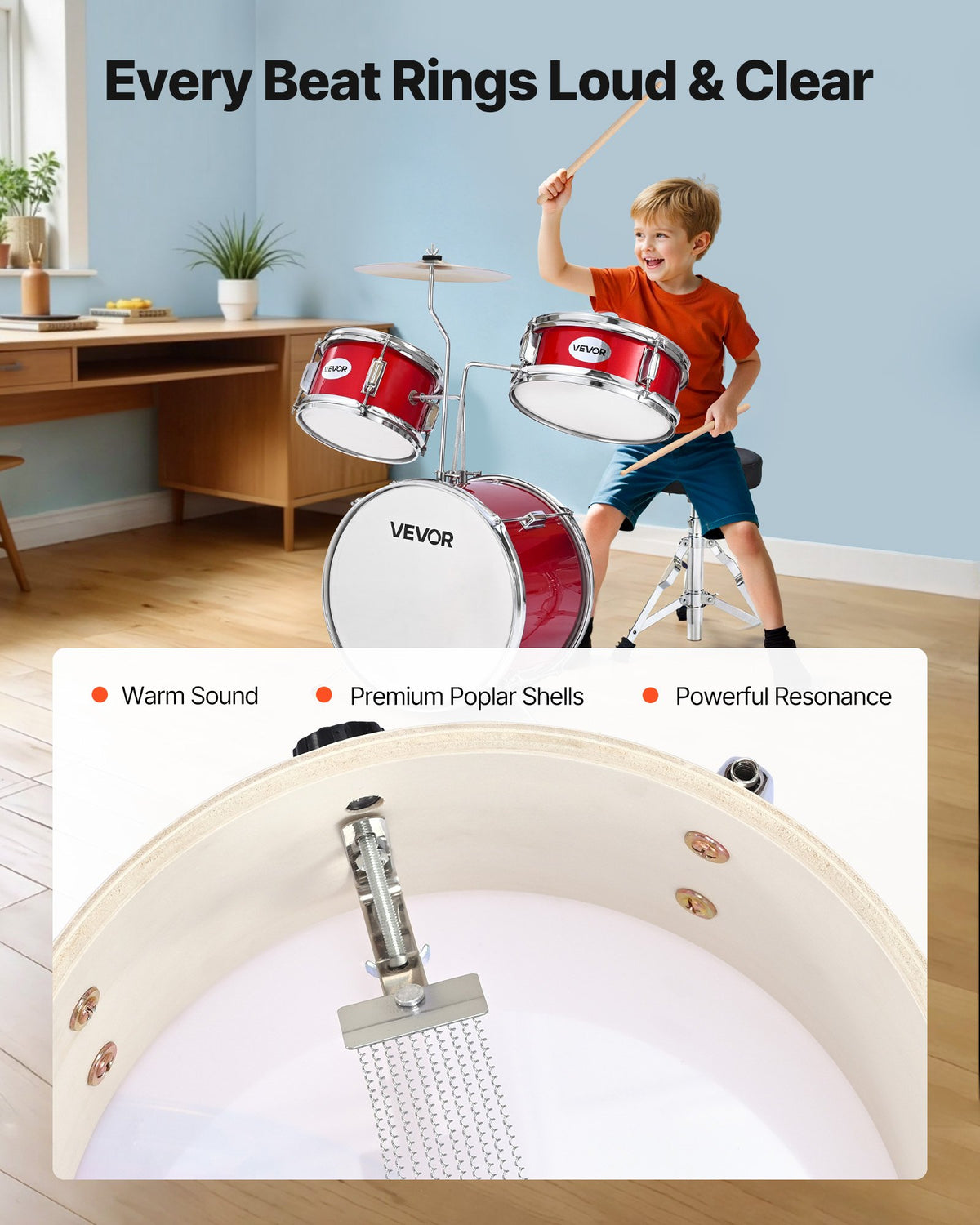 VEVOR Kids Drum Set, 3-Piece 14 in / 355.6 mm Junior Drum Sets, Beginner Drums Set with Adjustable Throne and Two Pairs of Drumsticks, Musical Learning Drums Instruments Kit, for Children Ages 6-13 (Red)