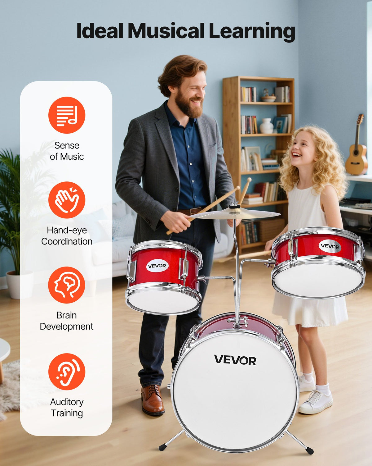 VEVOR Kids Drum Set, 3-Piece 14 in / 355.6 mm Junior Drum Sets, Beginner Drums Set with Adjustable Throne and Two Pairs of Drumsticks, Musical Learning Drums Instruments Kit, for Children Ages 6-13 (Red)