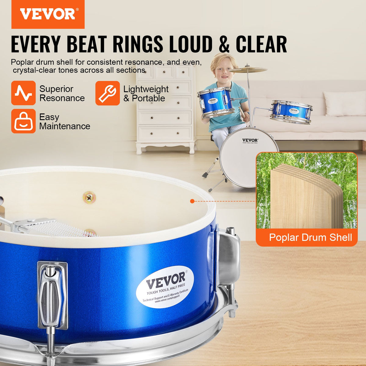 VEVOR Kids Drum Set, 3-Piece, 14 in Beginner Drum Set with Adjustable Throne Cymbal Pedal Two Pairs of Drumsticks, 8" Tom Drum 10" Snare Drum 14" Bass Drum, Starter Drum Kit for Child Kids, Blue