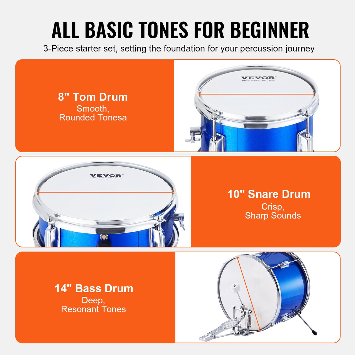 VEVOR Kids Drum Set, 3-Piece, 14 in Beginner Drum Set with Adjustable Throne Cymbal Pedal Two Pairs of Drumsticks, 8" Tom Drum 10" Snare Drum 14" Bass Drum, Starter Drum Kit for Child Kids, Blue
