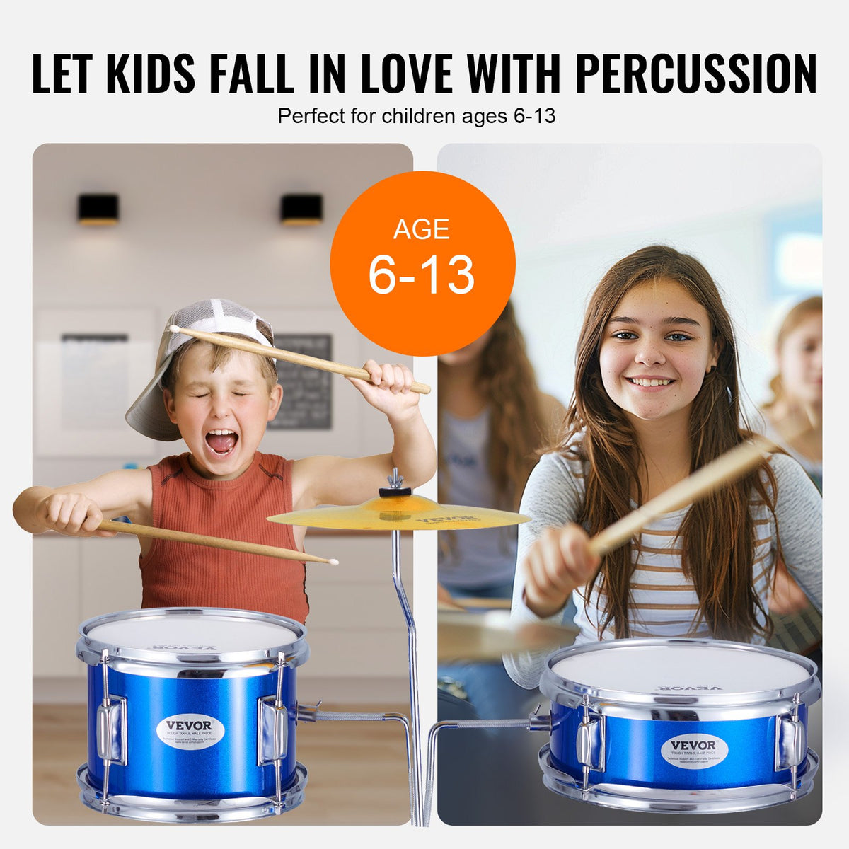 VEVOR Kids Drum Set, 3-Piece, 14 in Beginner Drum Set with Adjustable Throne Cymbal Pedal Two Pairs of Drumsticks, 8" Tom Drum 10" Snare Drum 14" Bass Drum, Starter Drum Kit for Child Kids, Blue