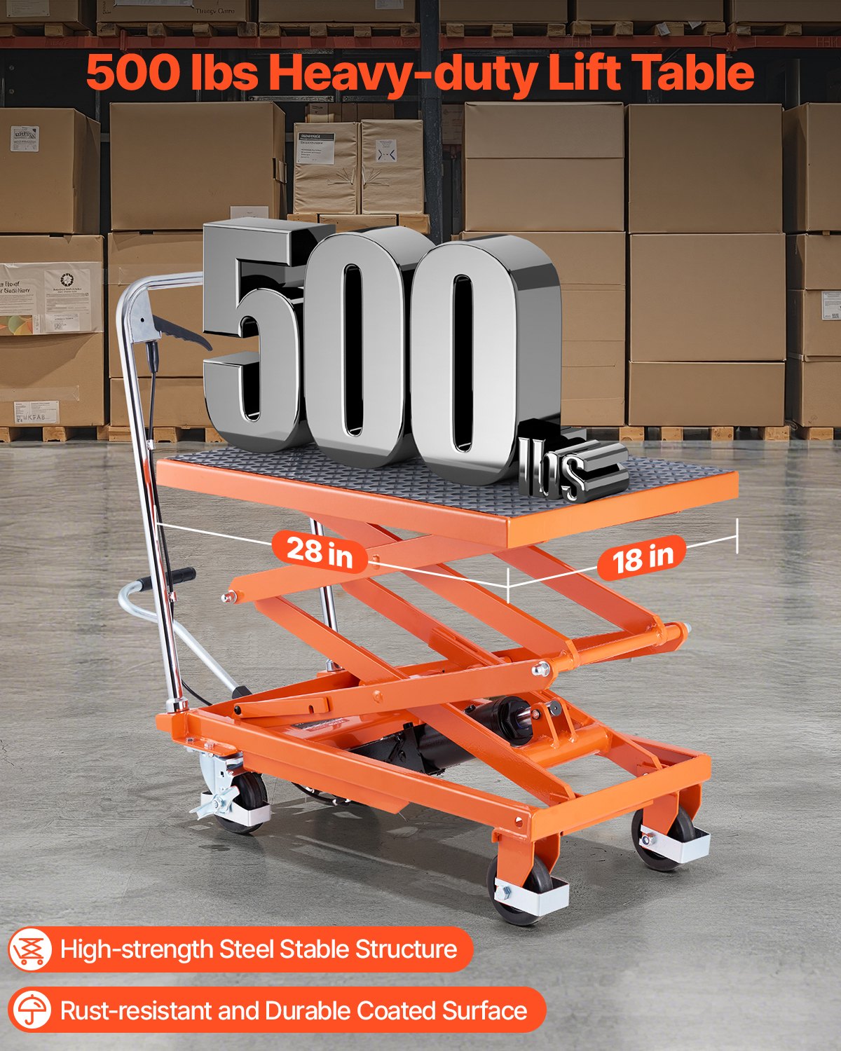VEVOR Hydraulic Lift Table, 500 lbs Capacity, 47.2" Lifting Height, Double Scissor Lift Table Cart with 4 Wheels and Non-slip Pad, Manual Hydraulic Lifting Cart for Material Handling & Transportation