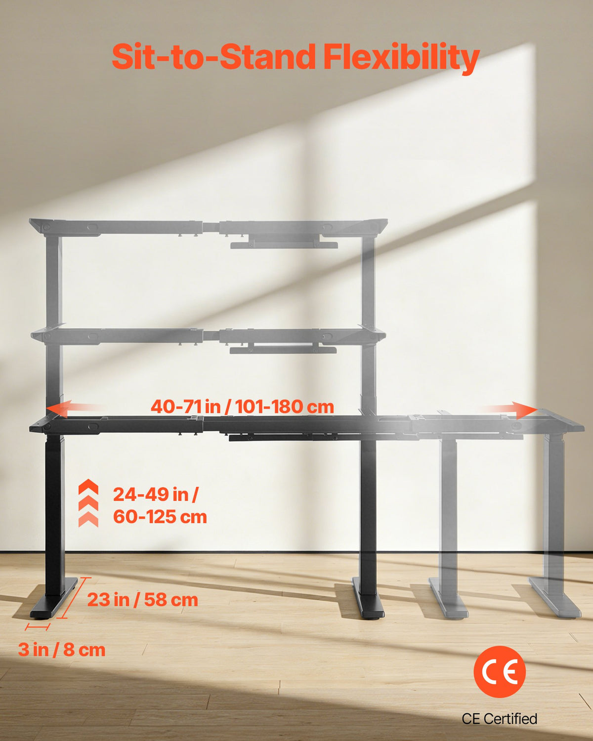 VEVOR Standing Desk Frame Dual Motor, Electric Adjustable 100-180 cm Extension Length, 3 Memory Height Settings Stand Up Table Legs, Sit to Stand Desk Leg Riser for Office Home Base Worksation, Black