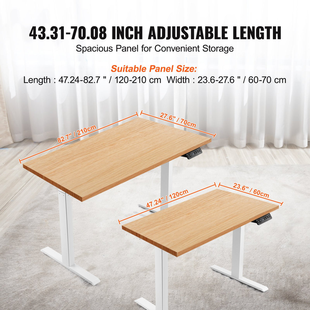 VEVOR Standing Desk Frame Dual Motor, Adjustable 27.6"-46.1"/70-117 cm Height & 43.3"-70.1"/110-178 cm Length Electric Stand Up Computer Desk Legs, Ergonomic DIY Workstation Base for Home and Office (White Frame Only)