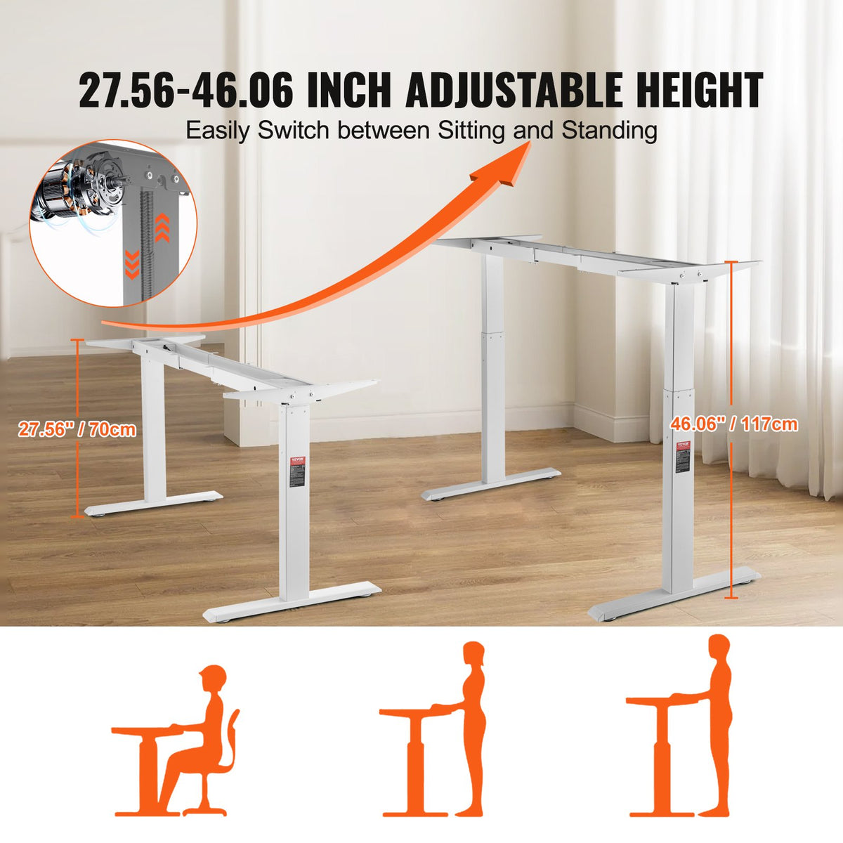 VEVOR Standing Desk Frame Dual Motor, Adjustable 27.6"-46.1"/70-117 cm Height & 43.3"-70.1"/110-178 cm Length Electric Stand Up Computer Desk Legs, Ergonomic DIY Workstation Base for Home and Office (White Frame Only)