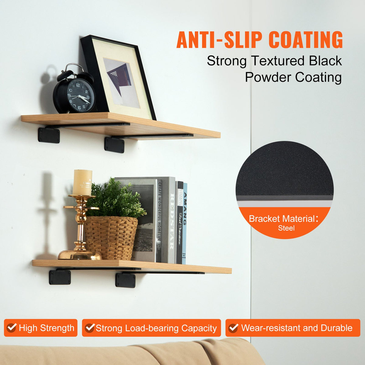 VEVOR Shelf Bracket, 8”L x 4”W x 1.6”H 6 Pcs, Heavy Duty Floating Shelf Brackets, Brackets for Shelves, 5mm Thick Matte Black L Shelf Bracket,Steel Shelving Brackets with 160 lbs Load Capacity