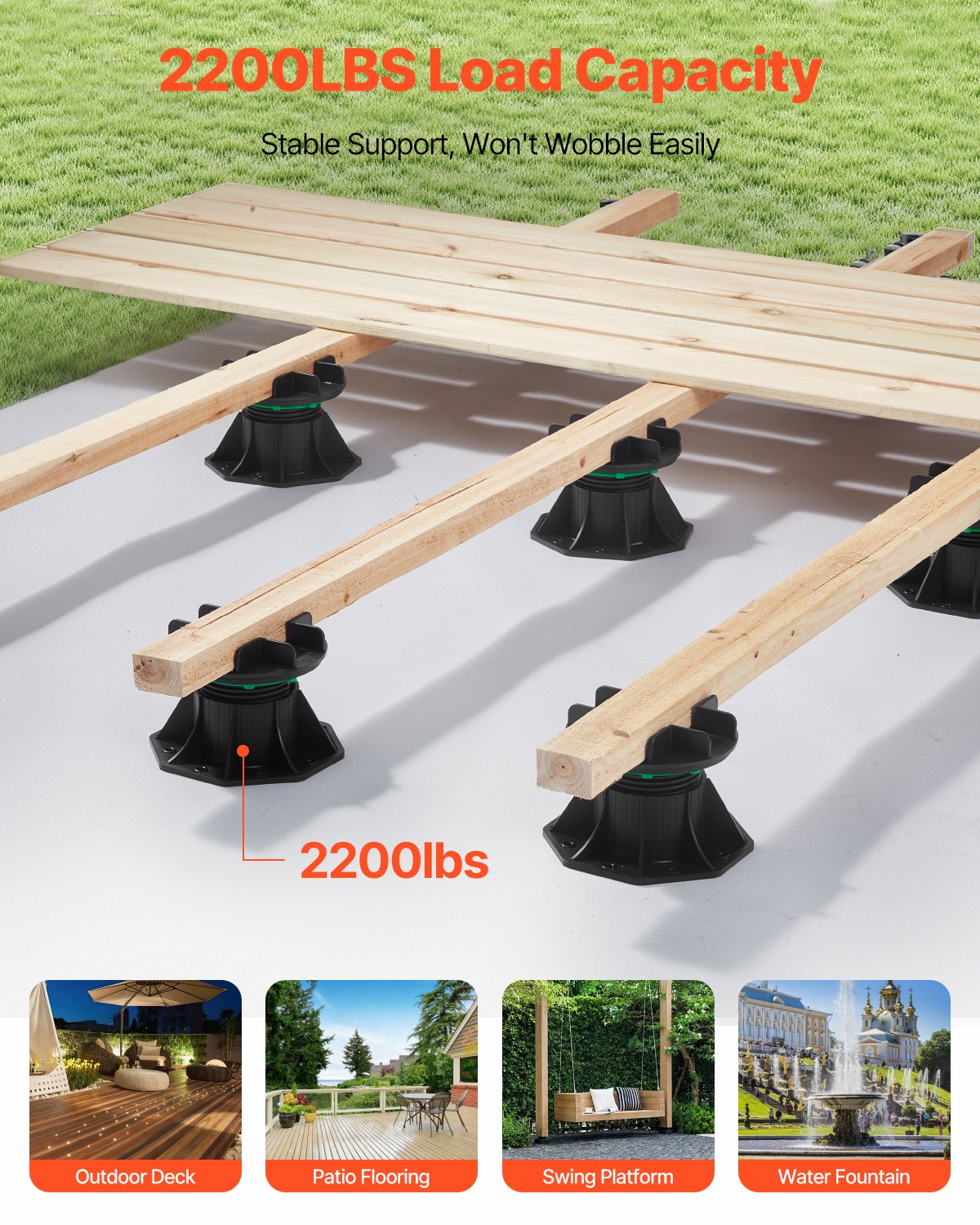 VEVOR Deck Blocks 8 PCS, 2200 lbs / 997.90 kg Load Capacity Deck Support Plastic Pedestal Paver, Raising 3.54 - 4.65 inch / 90 - 118 mm, Height Adjustable Shed Foundation Base for Wood Concrete Metal