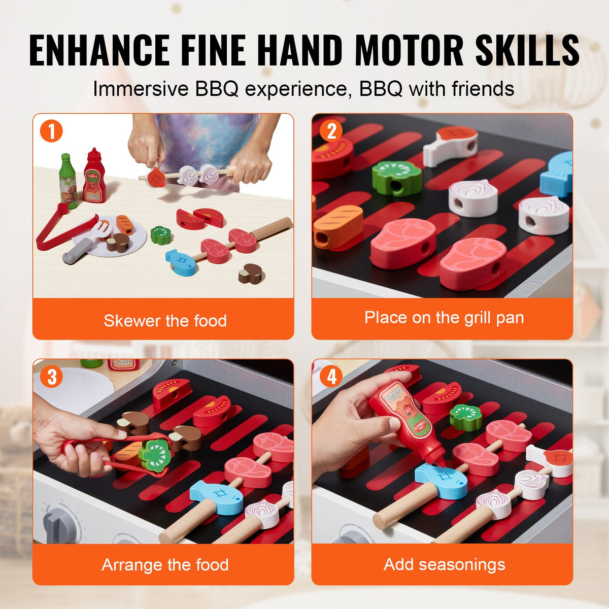 VEVOR Wooden Play Barbecue Toy Grill, Kids Grill Playset with Play Food and Grilling Tools, Wooden Play Food Kitchen Accessory (21 PCS), Pretend Play Cooking Toy for Toddlers Boys Girls Age 3+ Gift
