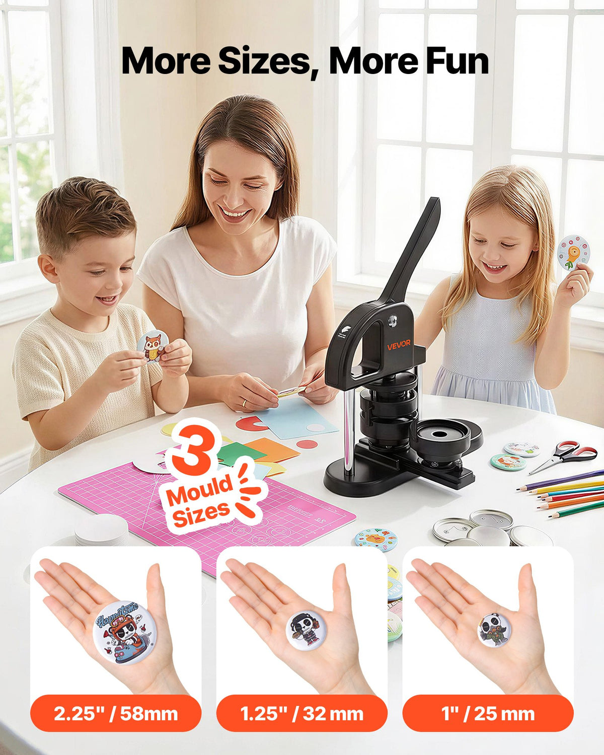 VEVOR Button Maker Machine, 1/1.25/2.28 inch(25/32/58mm) 3-in-1 Pin Maker, Installation-Free Badge Punch Press Kit, Button Making Supplies with 300pcs Button Parts, Circle Cutter, Magic Book