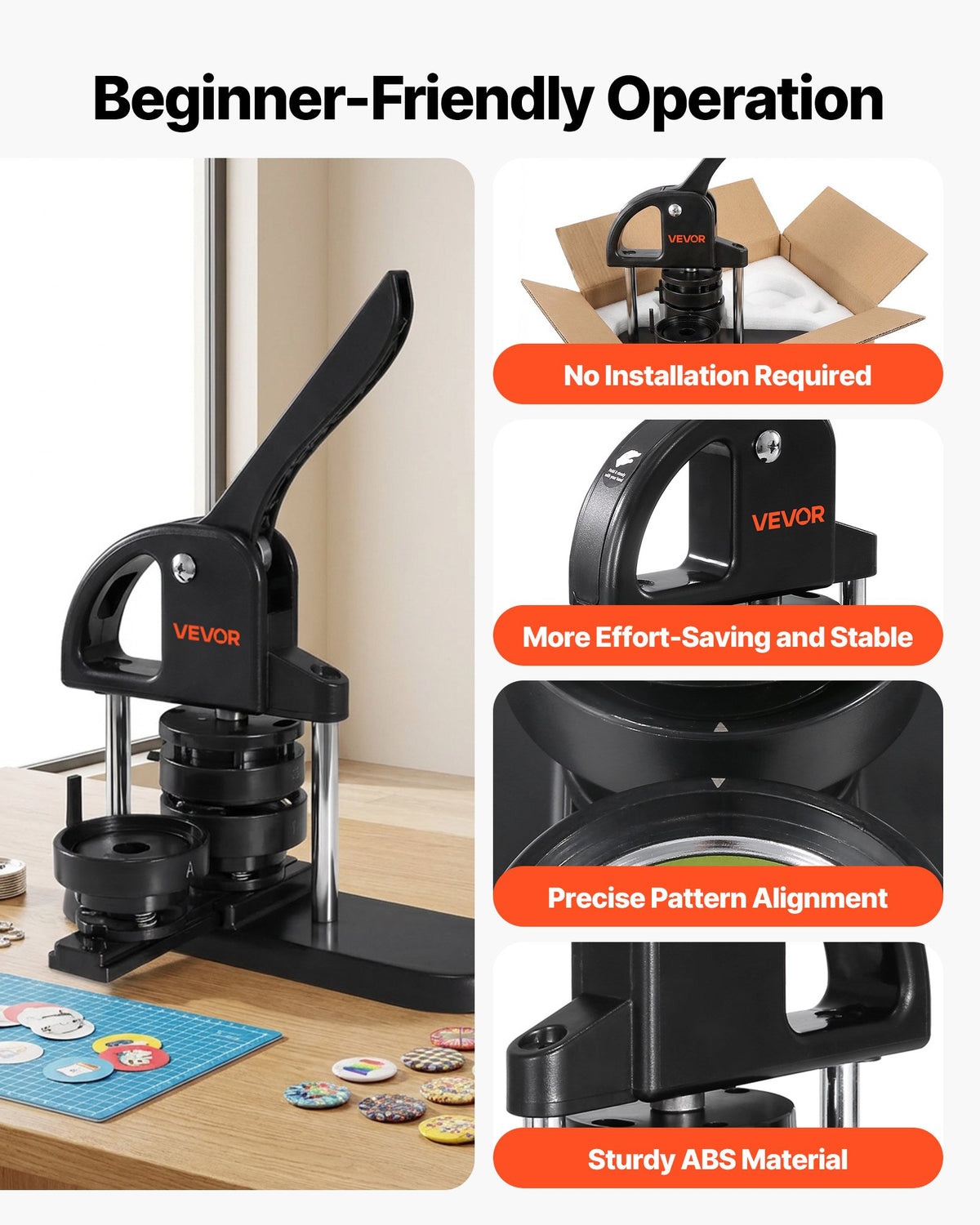 VEVOR Button Maker Machine, 1/1.25/2.28 inch(25/32/58mm) 3-in-1 Pin Maker, Installation-Free Badge Punch Press Kit, Button Making Supplies with 300pcs Button Parts, Circle Cutter, Magic Book