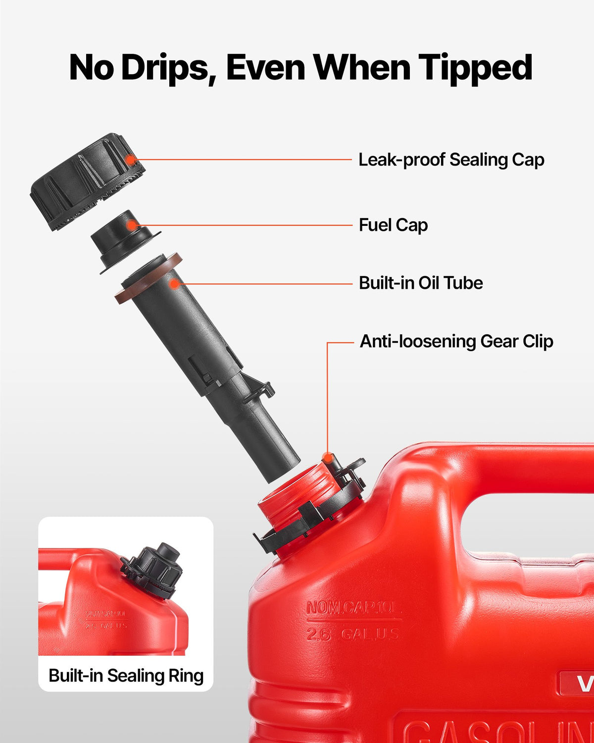 VEVOR Fuel Container, 9.5 L, Gas Tank with Spout & Clear Scale, 15 L/min Max Flow Rate, Secure & Leak-proof, Portable Flat Fluid Container for Most Cars Motorcycle ATV UTV, Red, 1 Pack