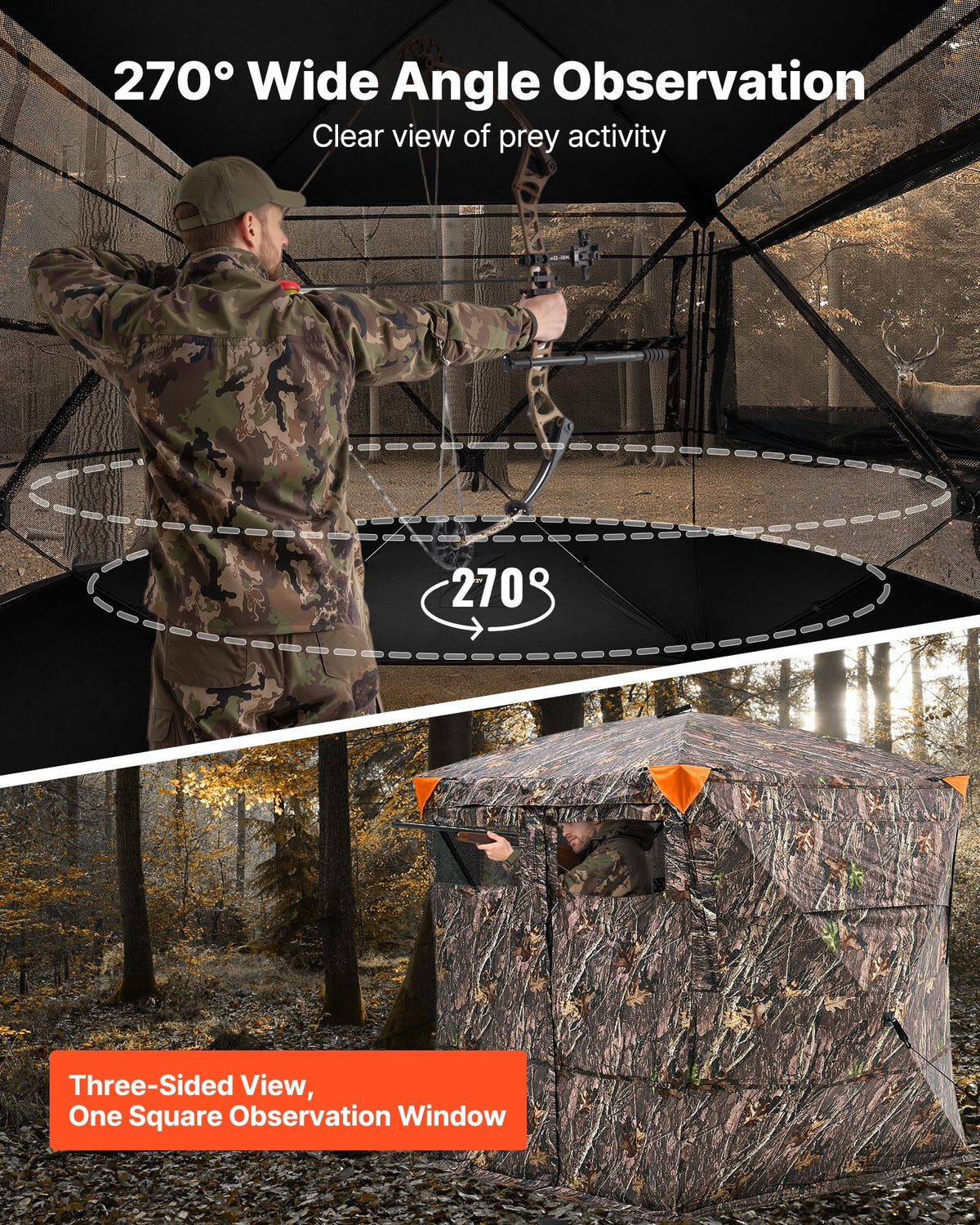 VEVOR Hunting Blind, 4-5 Person See Through Ground Blinds with Carrying Bag, 270 Degree Portable Camouflage Tent, Durable Concealed Shelter with Silent Magnetic Door and Window, for Turkey and Deer