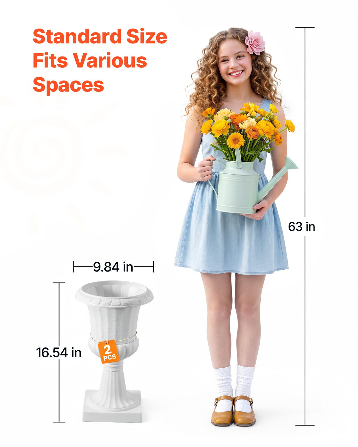 VEVOR Plastic Urn Planters, 25 x 42 cm, 2 Pack White Classic Flower Pots Front Porch Planters, Indoor & Outdoor Vase for Wedding, Party, Event, Home, Stage, Garden, Balcony, Patio Decoration
