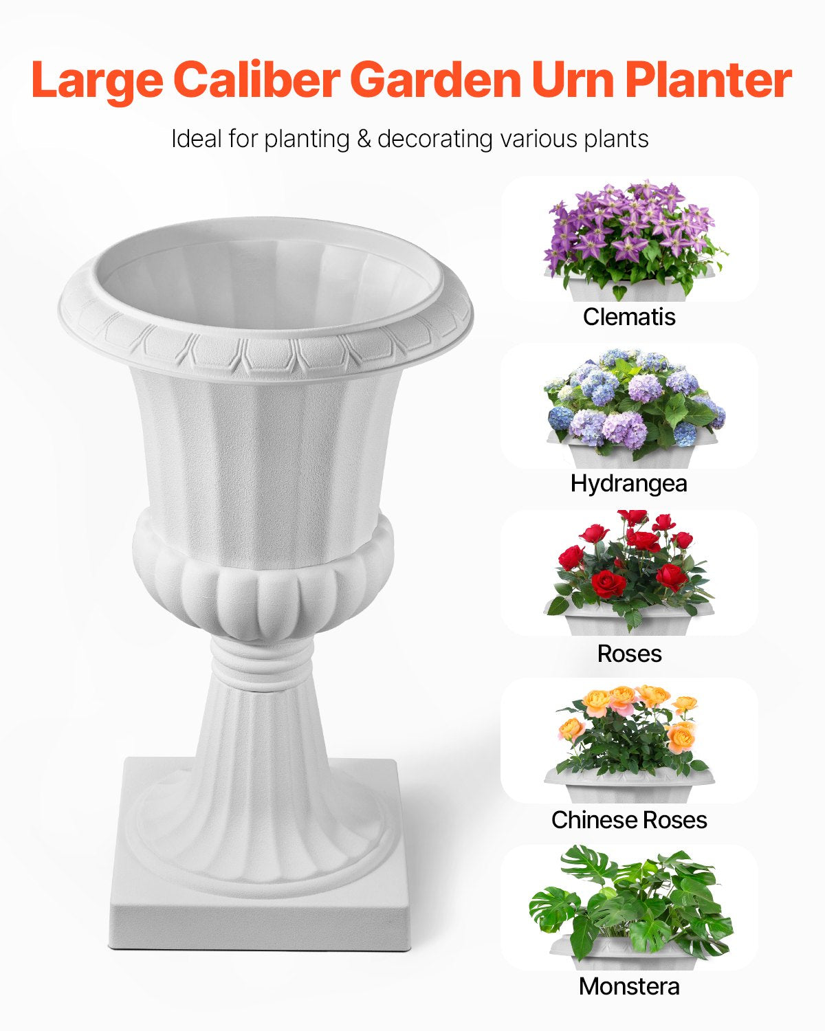 VEVOR Plastic Urn Planters, 40 x 67 cm, 2 Pack White Classic Flower Pots Front Porch Planters, Indoor & Outdoor Vase for Wedding, Party, Event, Home, Stage, Garden, Balcony, Patio Decoration