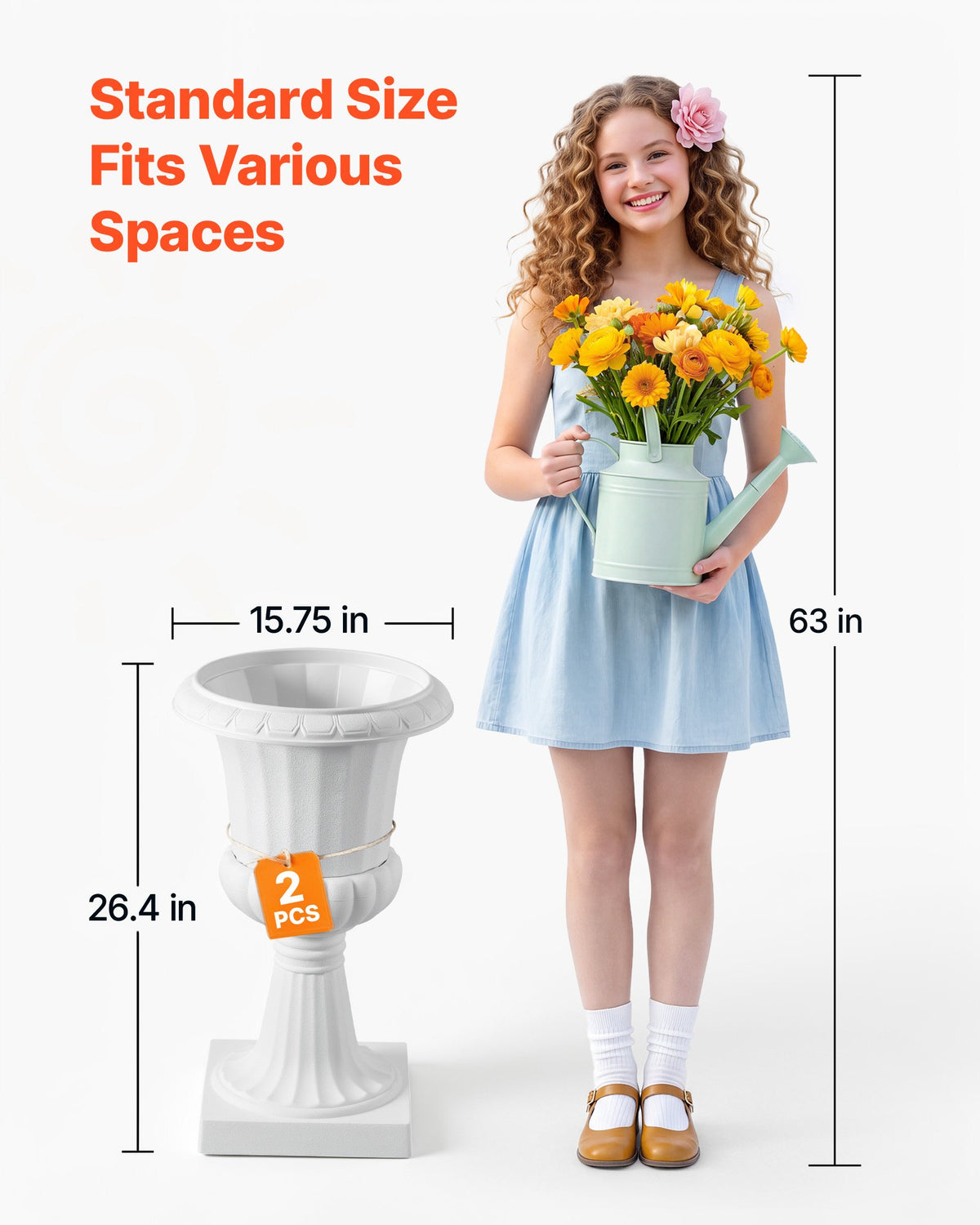 VEVOR Plastic Urn Planters, 40 x 67 cm, 2 Pack White Classic Flower Pots Front Porch Planters, Indoor & Outdoor Vase for Wedding, Party, Event, Home, Stage, Garden, Balcony, Patio Decoration
