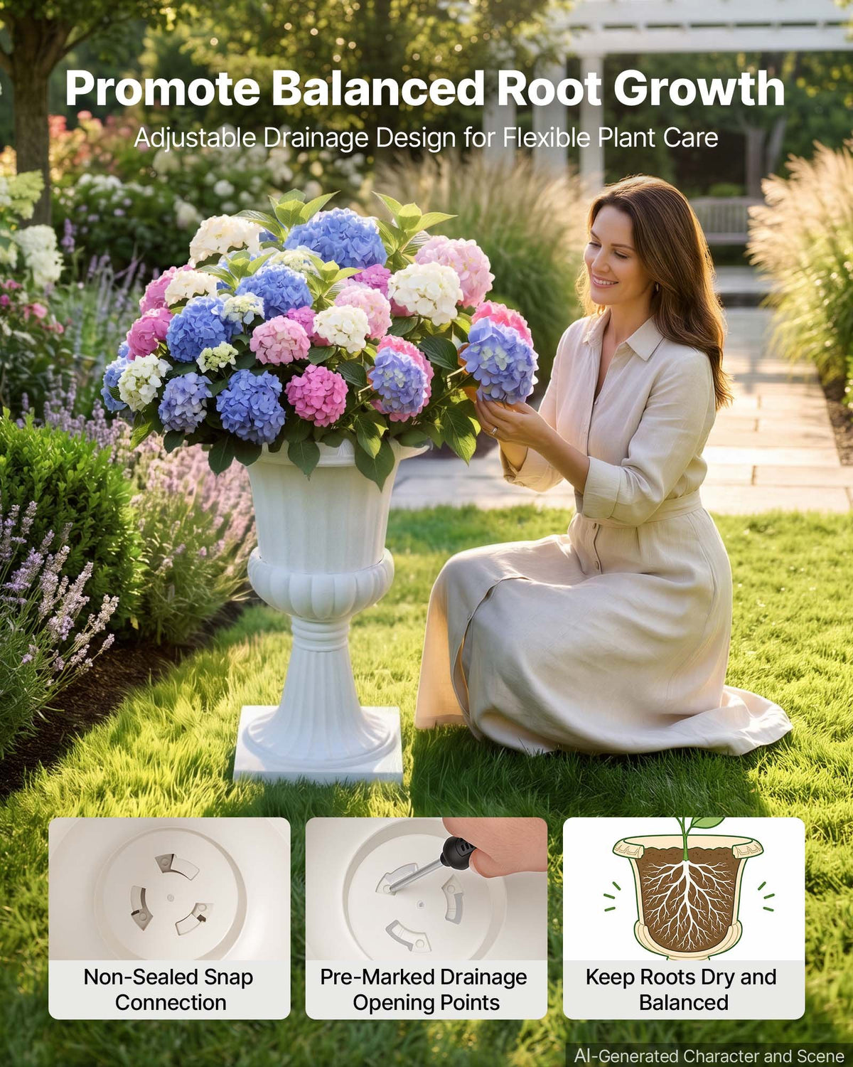 VEVOR Plastic Urn Planters, 40 x 67 cm, 2 Pack White Classic Flower Pots Front Porch Planters, Indoor & Outdoor Vase for Wedding, Party, Event, Home, Stage, Garden, Balcony, Patio Decoration