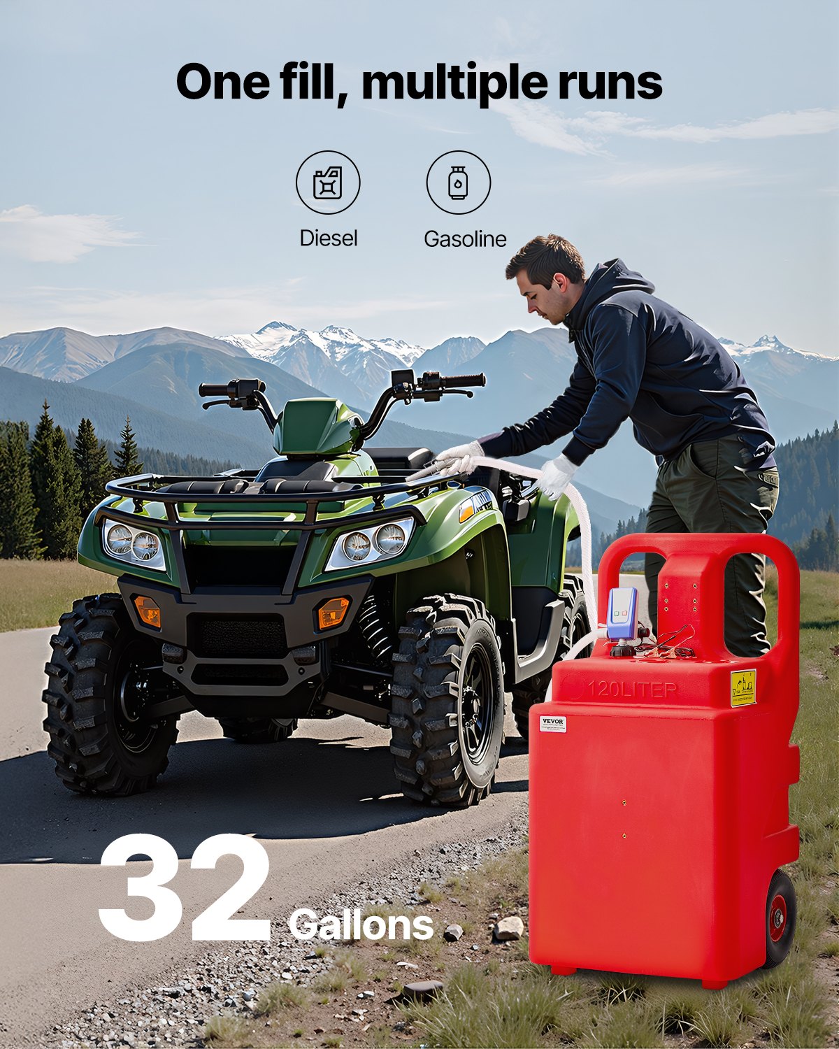 VEVOR Fuel Caddy, 32 Gallon, Portable Fuel Tank with 12V DC 2.5 GPM Electric Fuel Transfer Pump, 4 ft Delivery Hose & Auto-Stop Sensor Nozzle, Tank Adapters, Suitable for Diesel & Gasoline, Red