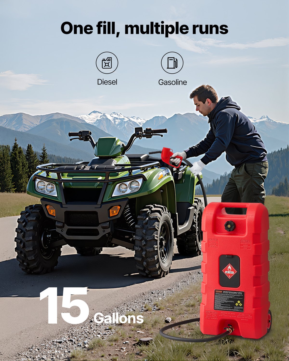 VEVOR Fuel Caddy, 15 Gallon, Portable Fuel Tank with Gravity & Hand Pump Modes, Fuel Tank Container with Wheels, 10 ft Delivery Hose & Manual Pump, Gas Caddy for Motorboats, ATVs, Gasoline & Diesel