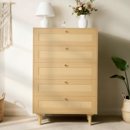 VEVOR 5 Drawer Rattan Dresser, Modern Closet Dresser for Bedroom, Natural Rattan Chest of Drawers with Metal Handles & Wooden Legs, Chest Clothing Organizer & Storage for Bedroom, Living Room, Hallway