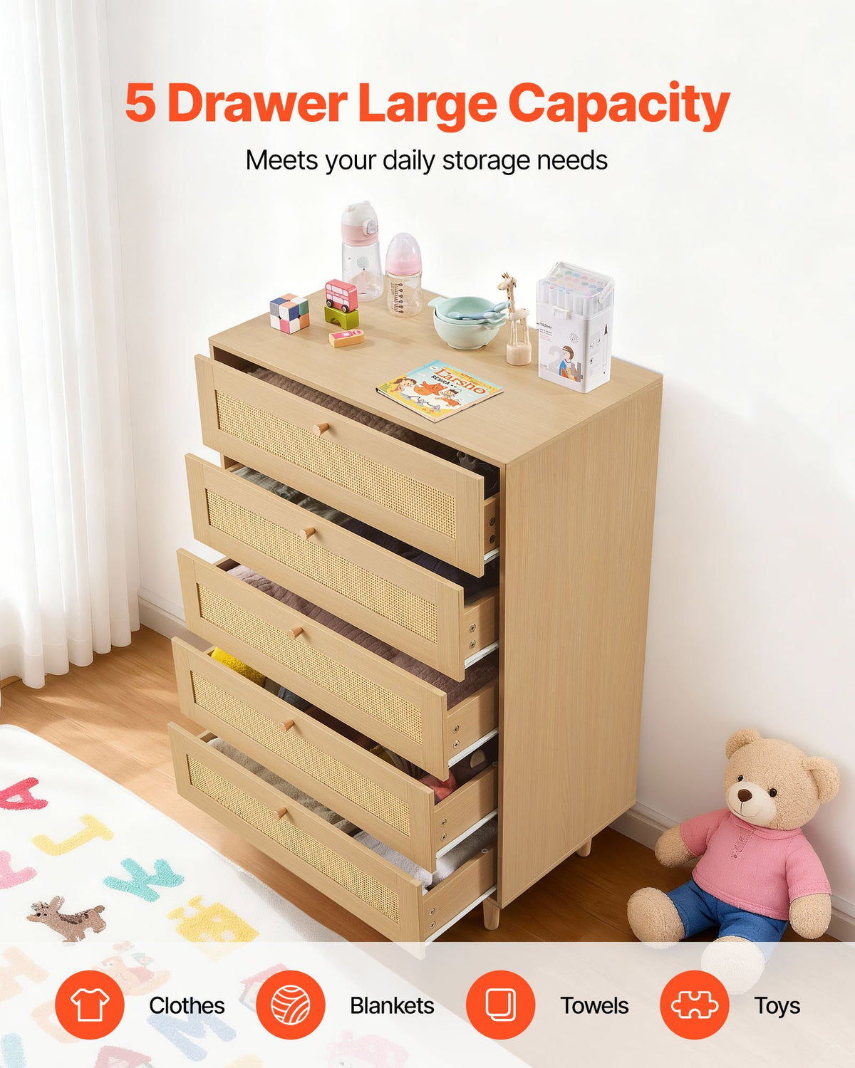 VEVOR 5 Drawer Rattan Dresser, Modern Closet Dresser for Bedroom, Natural Rattan Chest of Drawers with Metal Handles & Wooden Legs, Chest Clothing Organizer & Storage for Bedroom, Living Room, Hallway