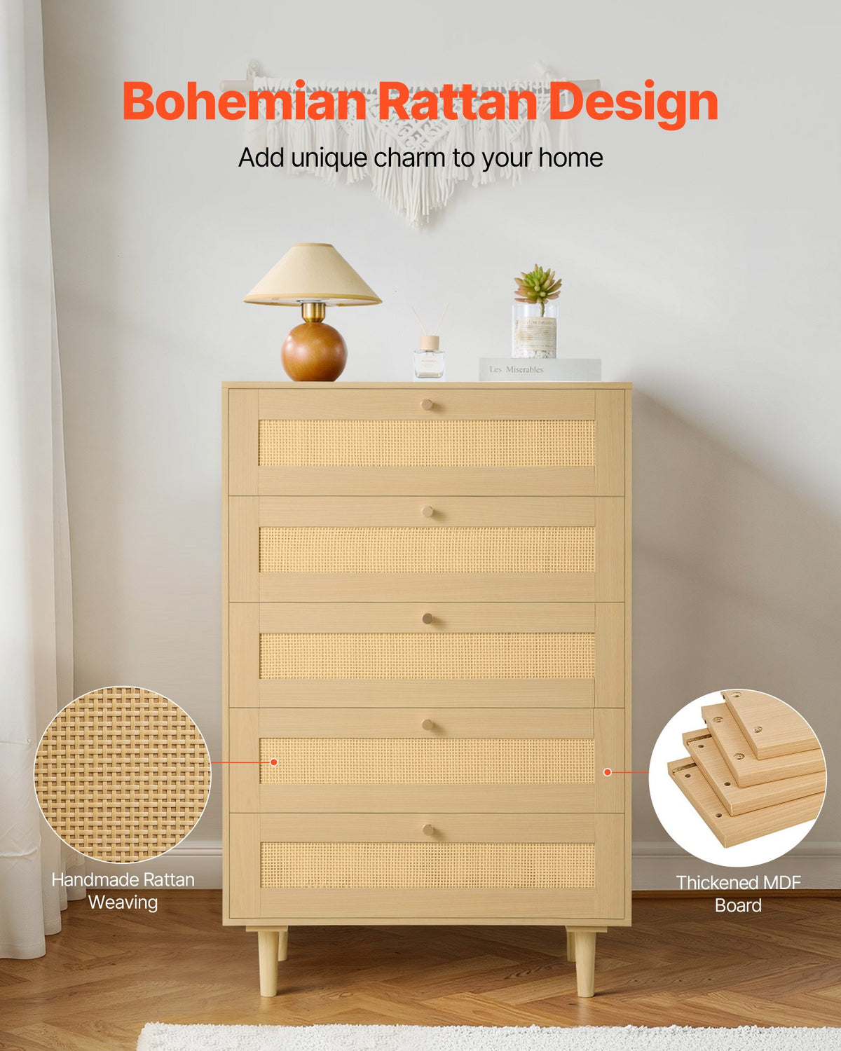 VEVOR 5 Drawer Rattan Dresser, Modern Closet Dresser for Bedroom, Natural Rattan Chest of Drawers with Metal Handles & Wooden Legs, Chest Clothing Organizer & Storage for Bedroom, Living Room, Hallway