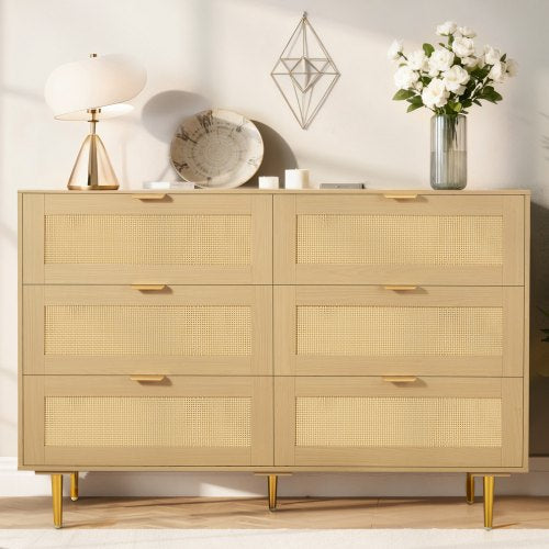 VEVOR 6 Drawer Rattan Dresser, Double Dresser for Bedroom, Natural Rattan Chest of Drawers with Metal Handles & Legs, Modern Wood Chest Clothing Organizer & Storage for Bedroom, Living Room, Hallway