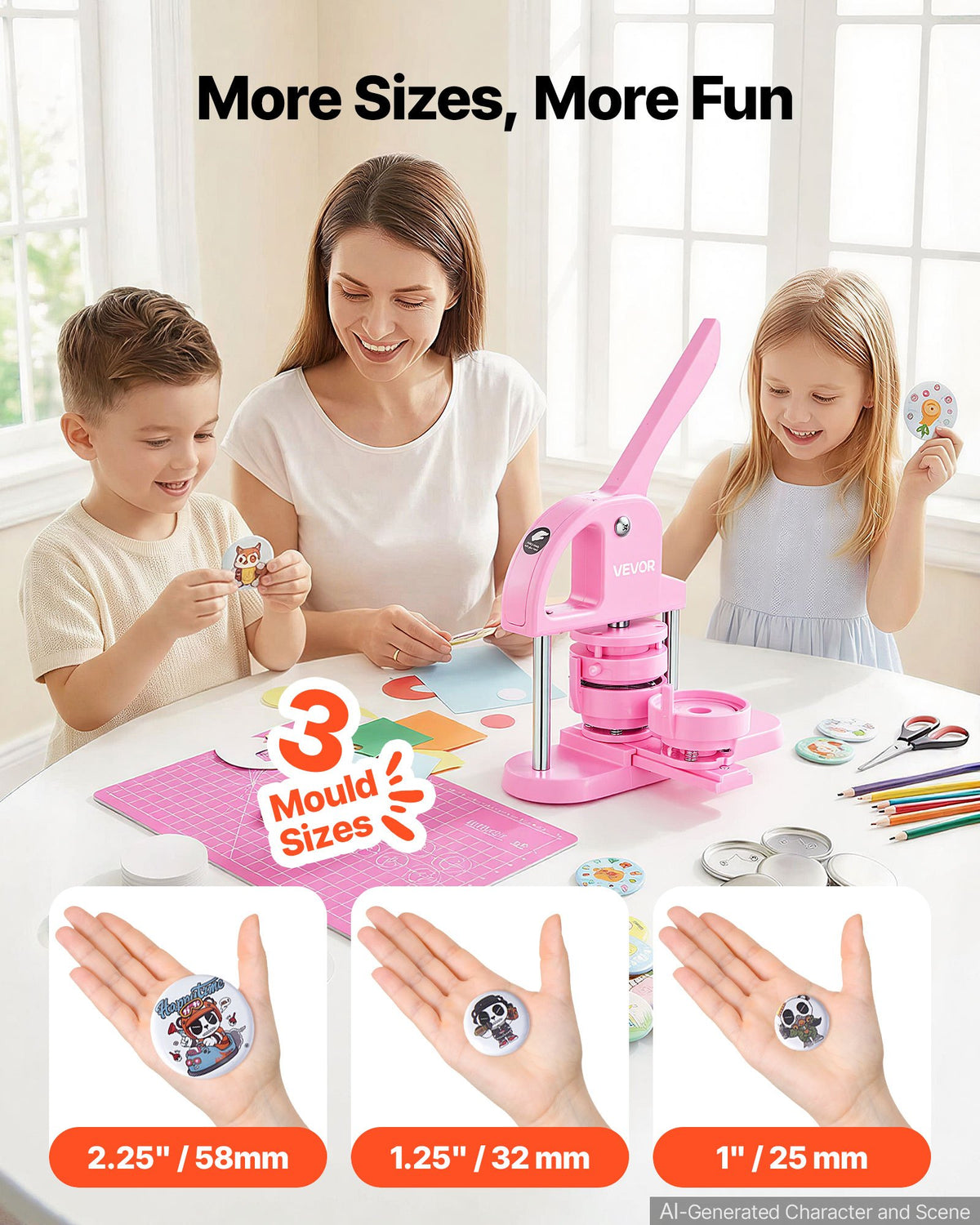 VEVOR Button Maker, 1/1.25/2.28 inch(25/32/58mm) 3-IN-1 Pin Maker, 300pcs Button Parts, Button Maker Machine with Panda Magic Book, Ergonomic Arc Handle Punch Press Kit, For Children DIY Gifts, Pink